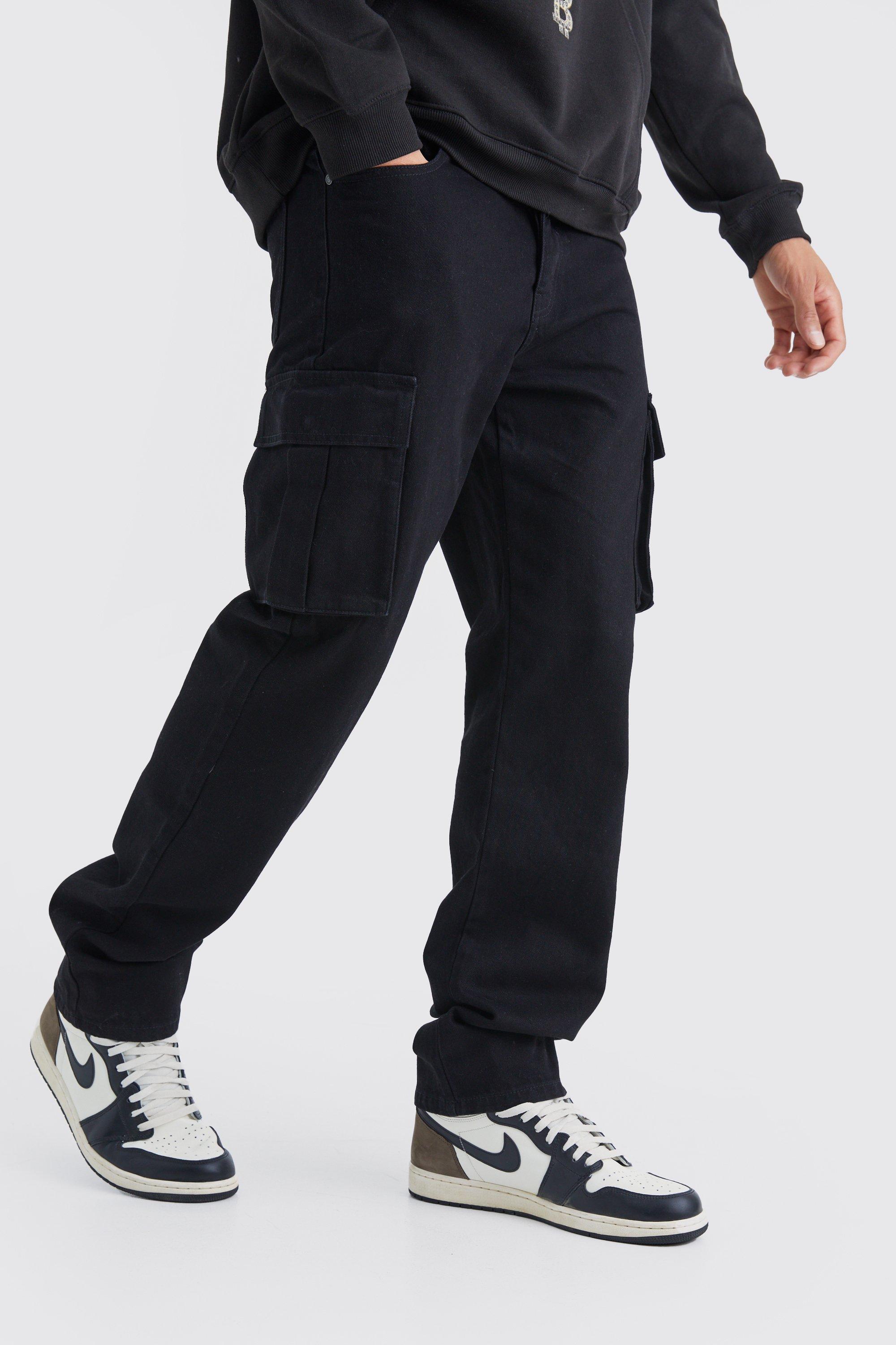 Mens Black Tall Relaxed Rigid Cargo Jeans, Black